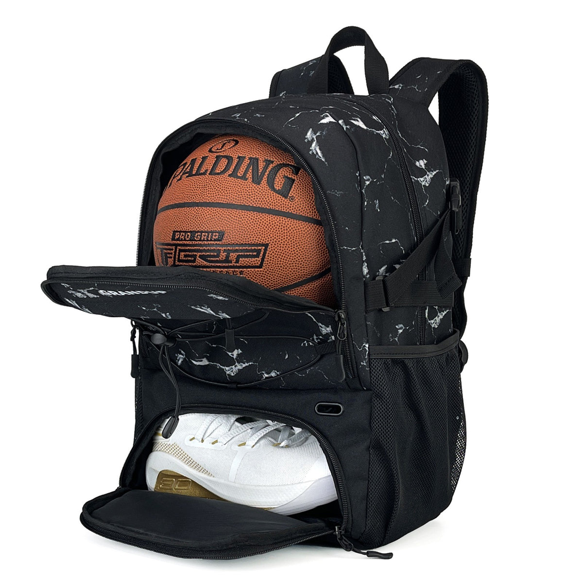 Rucsac de Baschet Multifunctional, Ghiozdan Sport si Scoala cu Compartiment Minge si Pantofi, Material Oxford Impermeabil, Capacitate 32 Litri, 45x32x22 cm, Negru-Alb