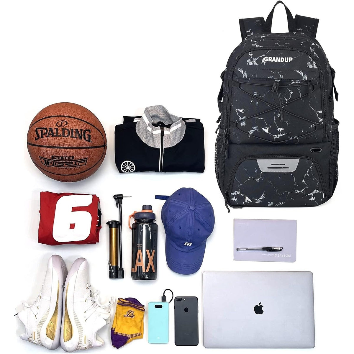 Rucsac de Baschet Multifunctional, Ghiozdan Sport si Scoala cu Compartiment Minge si Pantofi, Material Oxford Impermeabil, Capacitate 32 Litri, 45x32x22 cm, Negru-Alb