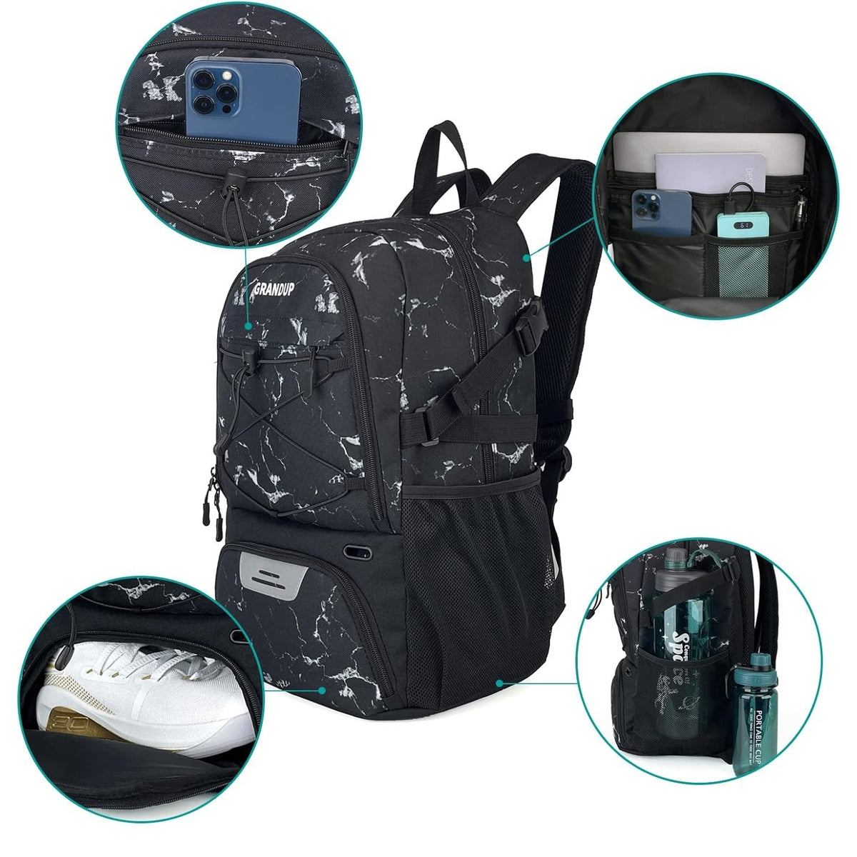 Rucsac de Baschet Multifunctional, Ghiozdan Sport si Scoala cu Compartiment Minge si Pantofi, Material Oxford Impermeabil, Capacitate 32 Litri, 45x32x22 cm, Negru-Alb