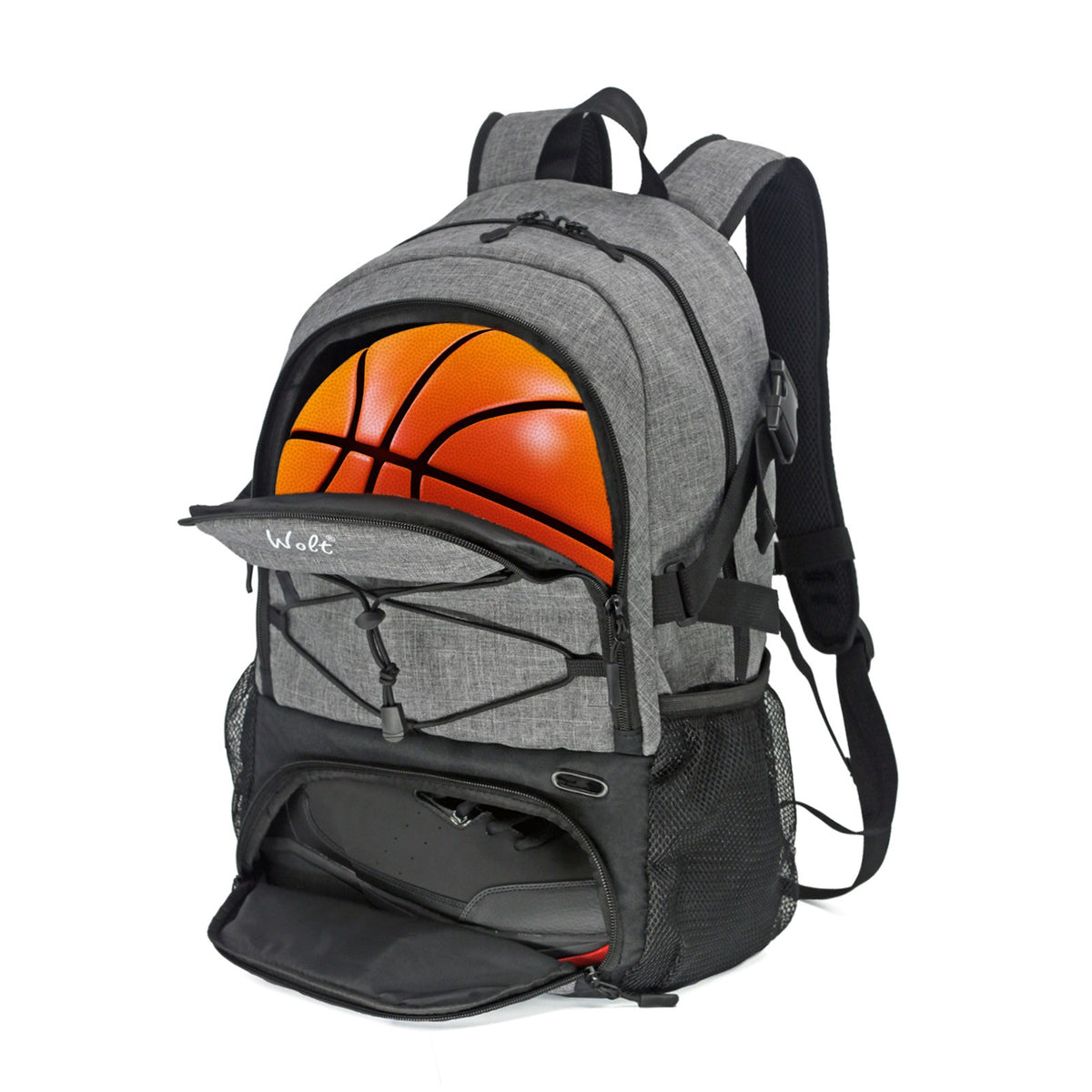 Rucsac Baschet si Sport Multifunctional, Compartiment Minge si Incaltaminte, Spatiu Laptop, Panza Oxford Impermeabila, Capacitate 32 Litri, 45x32x22 cm, Gri-Negru