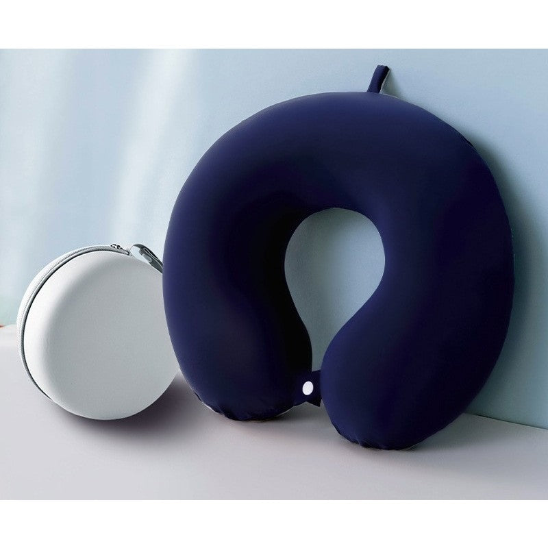 Pernă de Călătorie din Spumă cu Memorie, Design Ergonomic în Formă de U, Husă Detașabilă din Catifea, Sistem de Prindere cu Capse și Cutie Depozitare, 30x30 cm, Albastru Marin