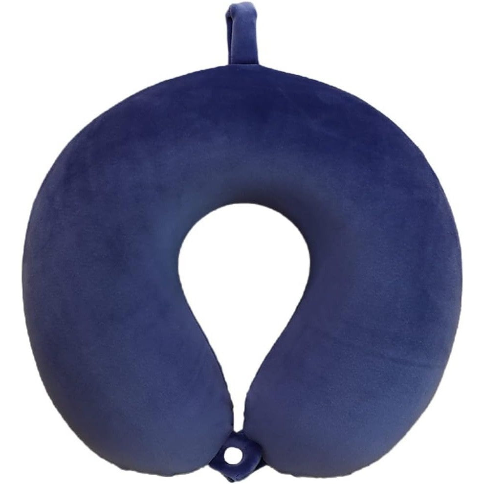 Pernă de Călătorie din Spumă cu Memorie, Design Ergonomic în Formă de U, Husă Detașabilă din Catifea, Sistem de Prindere cu Capse și Cutie Depozitare, 30x30 cm, Albastru Marin