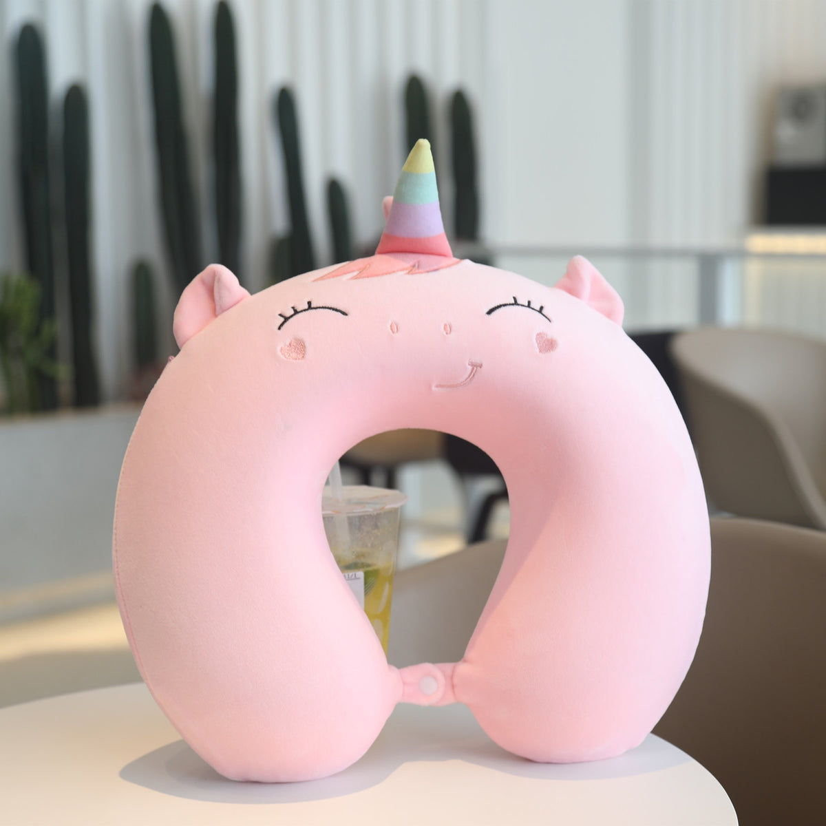 Pernă de Călătorie în Formă de U, Suport Cervical cu Spumă cu Memorie, Husă Detașabilă din Catifea, Sistem Prindere Capse, Model Unicorn, 30x30 cm, Roz