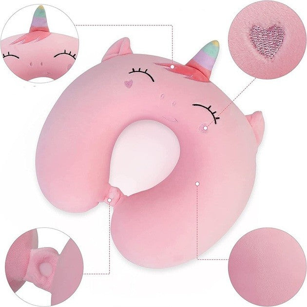 Pernă de Călătorie în Formă de U, Suport Cervical cu Spumă cu Memorie, Husă Detașabilă din Catifea, Sistem Prindere Capse, Model Unicorn, 30x30 cm, Roz