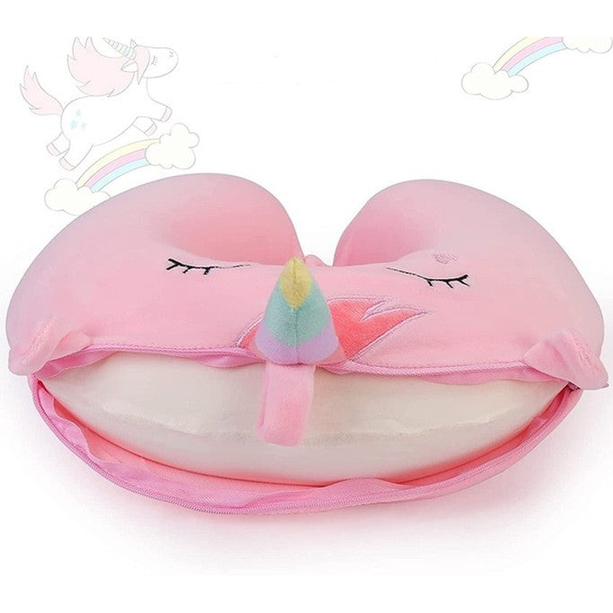 Pernă de Călătorie în Formă de U, Suport Cervical cu Spumă cu Memorie, Husă Detașabilă din Catifea, Sistem Prindere Capse, Model Unicorn, 30x30 cm, Roz