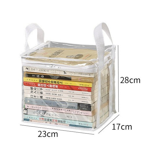 Cutie Depozitare si Organizator Carti, Geanta Multifunctionala Impermeabila cu Fermoar si Manere, PVC si Textil, 23x17x28 cm, Transparent-Alb