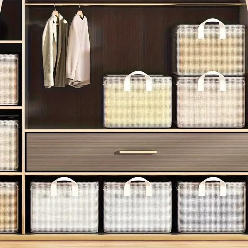Cutie Depozitare Tip Cos, Organizator Haine si Jucarii, Cadru Metalic si Manere, Material Textil Pliabil, Transparent, 47x28x20 cm, 35 l, Alb