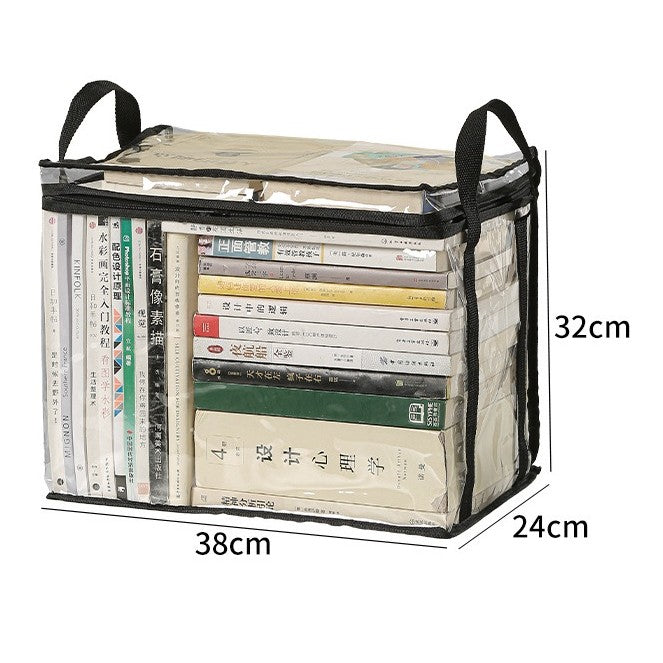 Cutie de Depozitare si Organizator Carti, Geanta Impermeabila cu Manere si Fermoar, PVC Transparent si Textil, 38x24x32 cm, Transparent/Negru