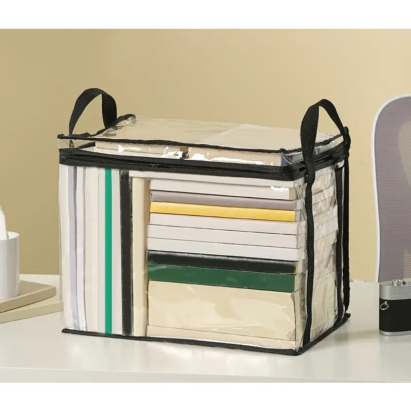Cutie de Depozitare si Organizator Carti, Geanta Impermeabila cu Manere si Fermoar, PVC Transparent si Textil, 38x24x32 cm, Transparent/Negru