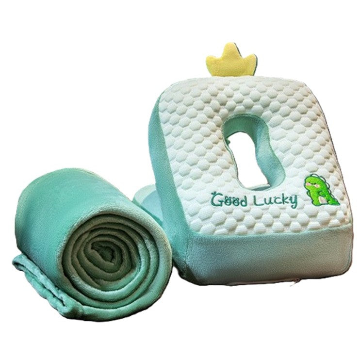 Set 2in1 Patura Microfibra si Perna Ergonomica Spuma, Model Dinozaur pentru Birou si Calatorii, Plus si Bumbac PP, Patura 1x1.7 m, Perna 30x35x30 cm, Verde