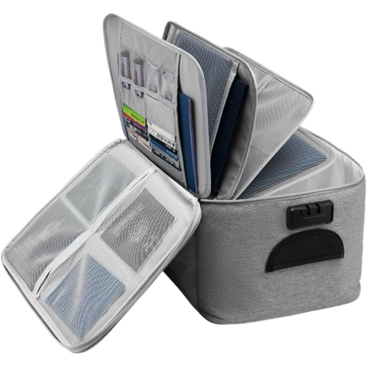 Geanta Organizatoare Documente si Acte, Sistem de Siguranta cu Cifru, Impermeabila, Panza Oxford, 5 Compartimente, 37 x 20 x 27 cm, Gri