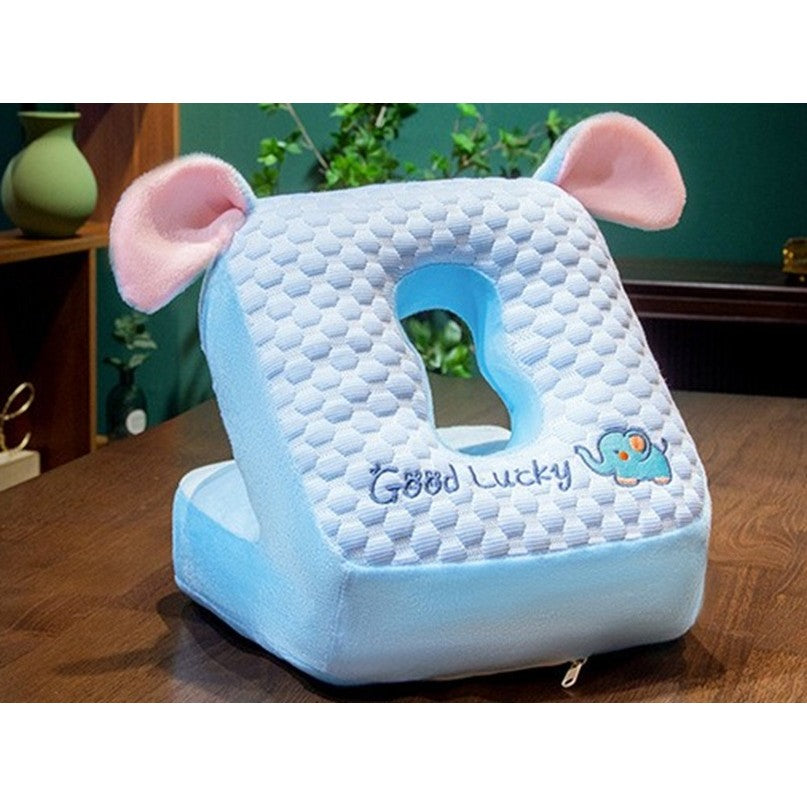 Pernă Ergonomică Pentru Birou Și Călătorii, Suport Cap Și Mâini, Model Elefant, Husă Detașabilă Din Pluș Cu Umplutură Bumbac PP, 30x35x30 cm, Albastru