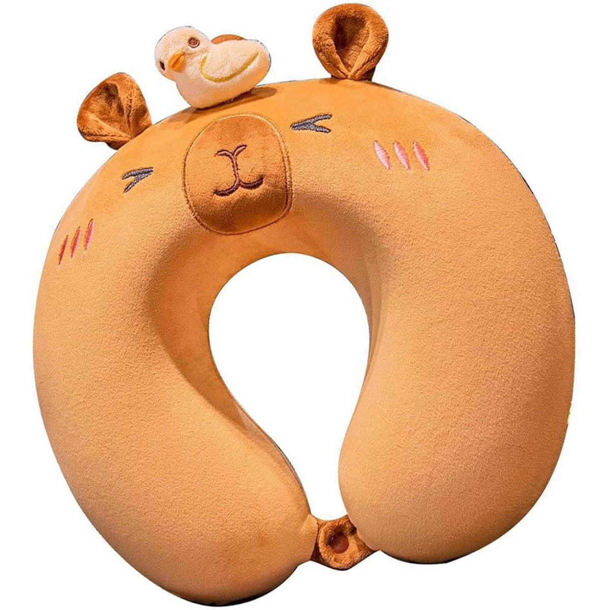 Pernă de Călătorie Ergonomică pentru Gât și Cap, Umplutură Spumă cu Memorie, Husă Detașabilă din Catifea, Sistem Prindere Capse, 30x30 cm, Model Capybara, Maro