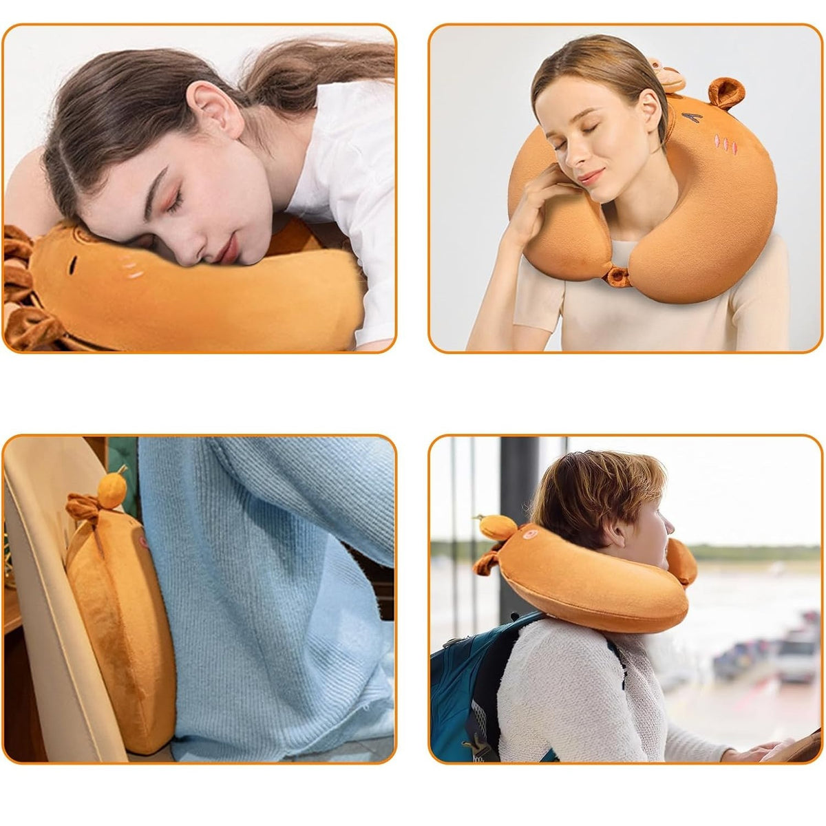 Pernă de Călătorie Ergonomică pentru Gât și Cap, Umplutură Spumă cu Memorie, Husă Detașabilă din Catifea, Sistem Prindere Capse, 30x30 cm, Model Capybara, Maro