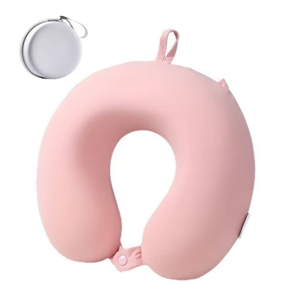 Pernă de Călătorie în Formă de U, Spumă cu Memorie pentru Gât și Cap, Design Ergonomic, Husă Catifea Detașabilă, Sistem Prindere Capse, Cutie Depozitare Inclusă, 30x30 cm, Roz