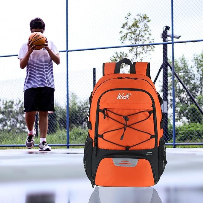 Rucsac de Baschet si Sport, Compartiment Mingi si Incaltaminte, Ghiozdan Laptop Multifunctional, Panza Oxford Impermeabila, 32 Litri, 45x32x22 cm, Portocaliu-Negru
