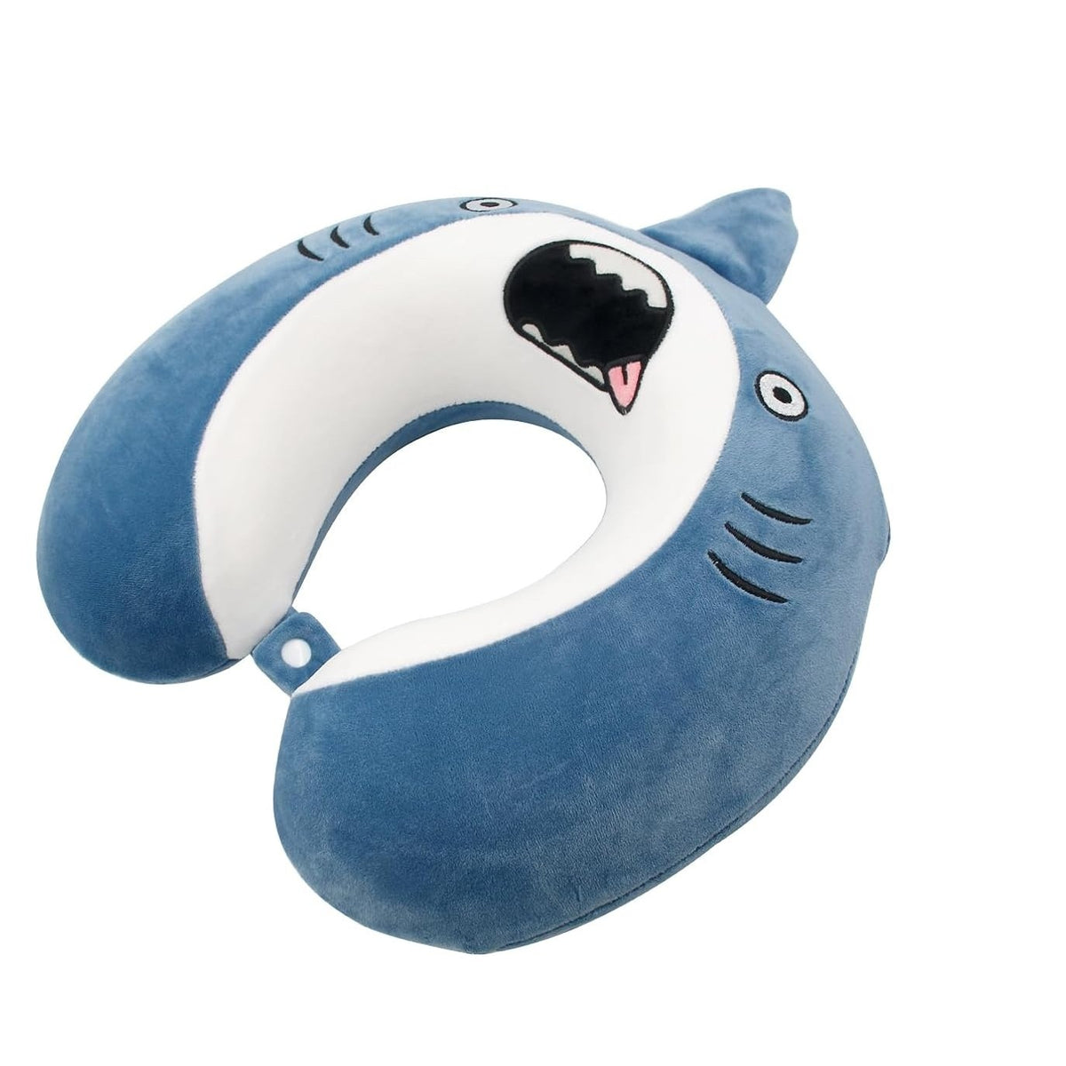 Pernă de Călătorie Ergonomică în Formă de U, Spumă cu Memorie pentru Gat și Cap, Husă Catifea Detașabilă, Sistem Prindere Capse, Model Rechin, 30x30 cm, Albastru