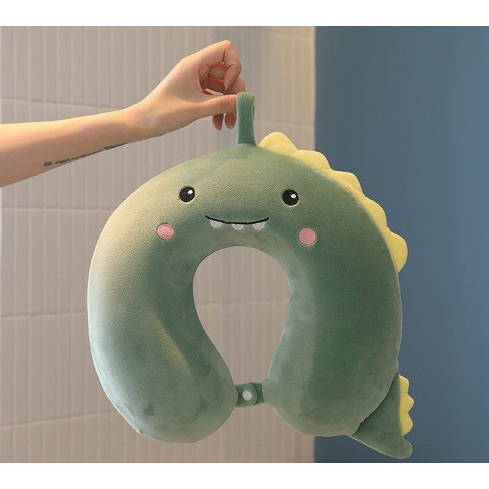 Pernă de Călătorie în Formă de U, Spumă cu Memorie, Design Ergonomic, Husă Detașabilă din Catifea, Sistem Prindere Capse, 30x30 cm, Model Dinozaur Verde
