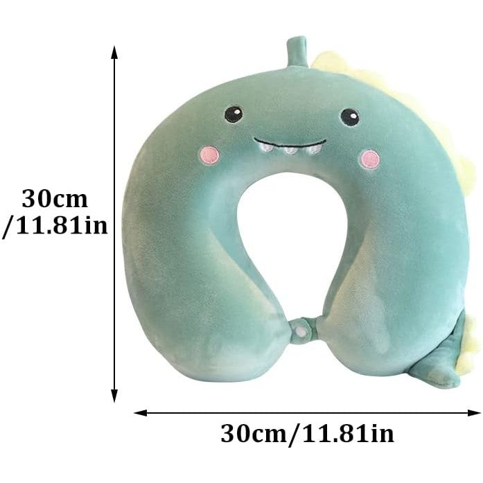 Pernă de Călătorie în Formă de U, Spumă cu Memorie, Design Ergonomic, Husă Detașabilă din Catifea, Sistem Prindere Capse, 30x30 cm, Model Dinozaur Verde