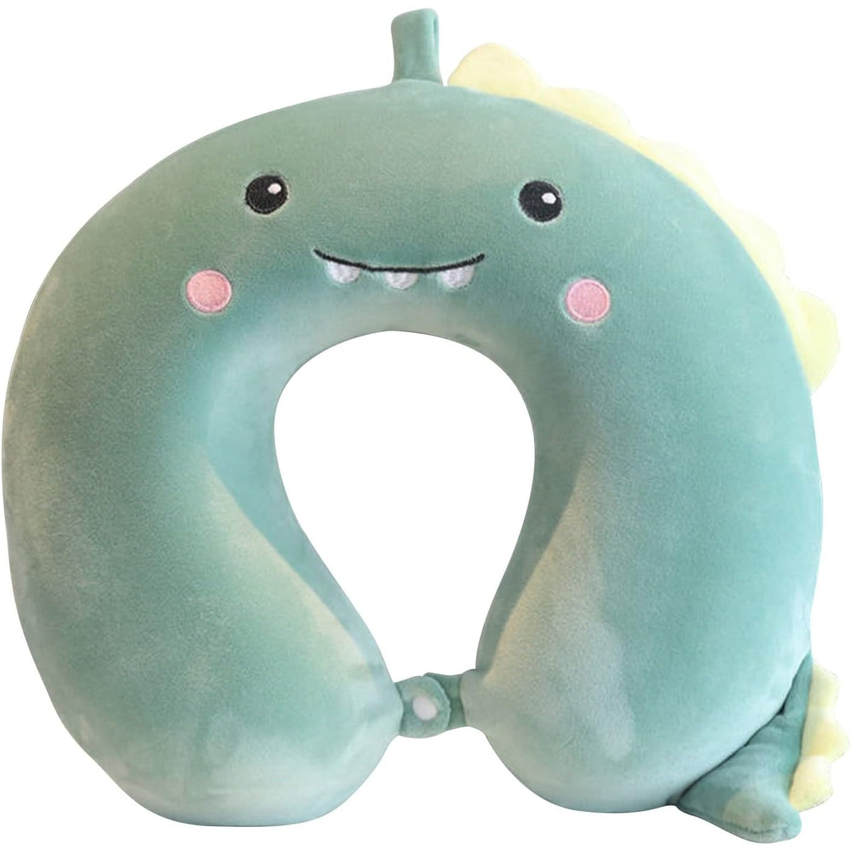 Pernă de Călătorie în Formă de U, Spumă cu Memorie, Design Ergonomic, Husă Detașabilă din Catifea, Sistem Prindere Capse, 30x30 cm, Model Dinozaur Verde