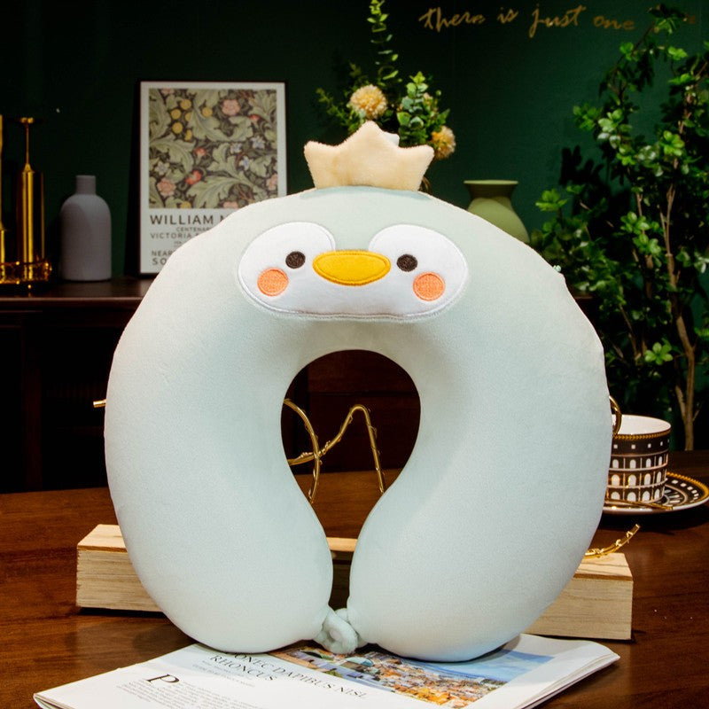 Pernă de Călătorie Ergonomică pentru Gât și Cap, Spumă cu Memorie, Husă Detașabilă din Catifea cu Capse, Model Pinguin, 30x30 cm, Verde