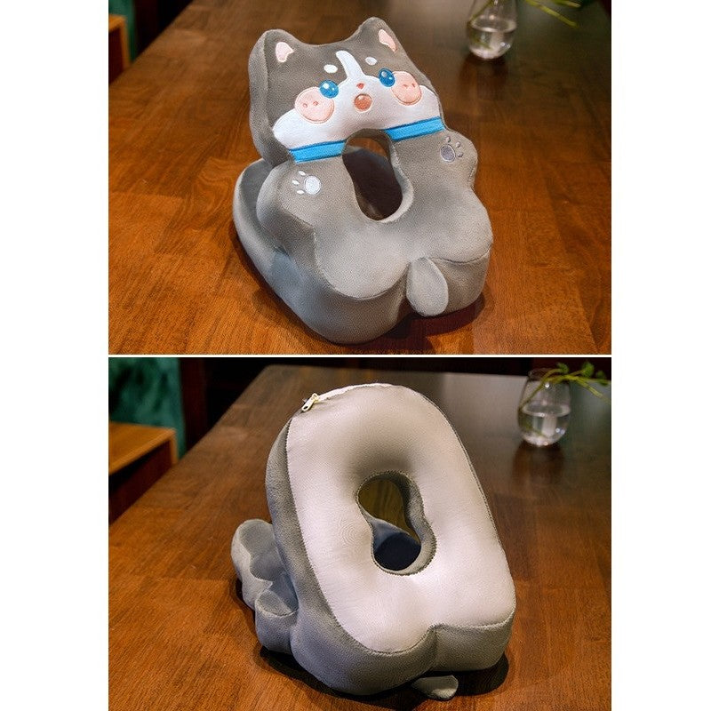 Pernă Ergonomică Pentru Birou Și Călătorii, Suport Somn Cu Formă În 8, Husă Detașabilă Din Pluș Lavabil, Umplutură Bumbac PP, Model Husky, Gri, 30x35x30 cm