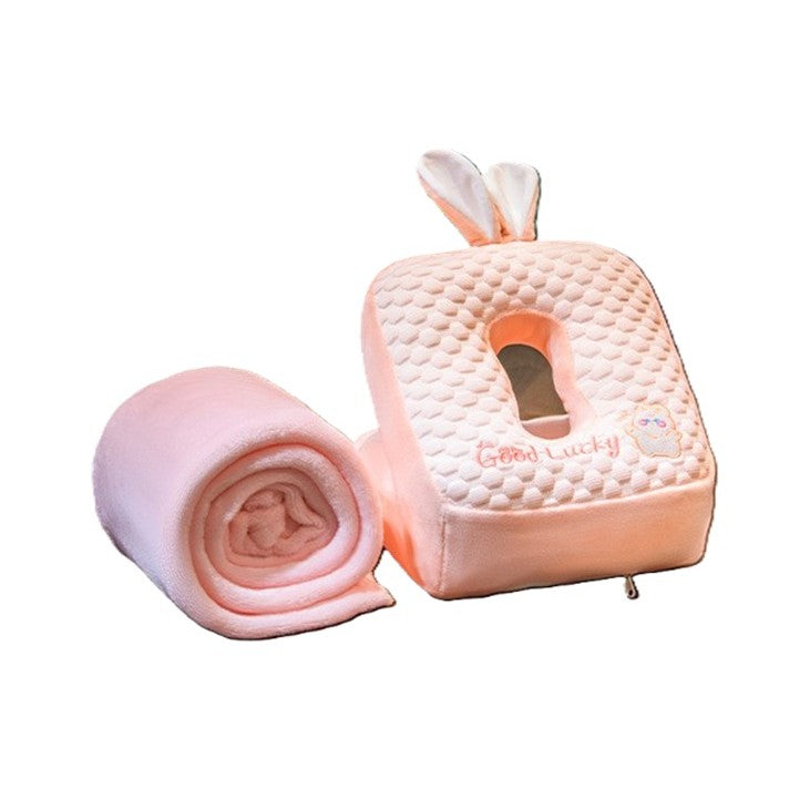 Set 2in1 Patură Microfibră și Pernă Ergonomică pentru Birou sau Călătorii, Model Iepuraș, Microfibră și Pluș, Roz, Patură 1x1.7 m, Pernă 30x35x30 cm