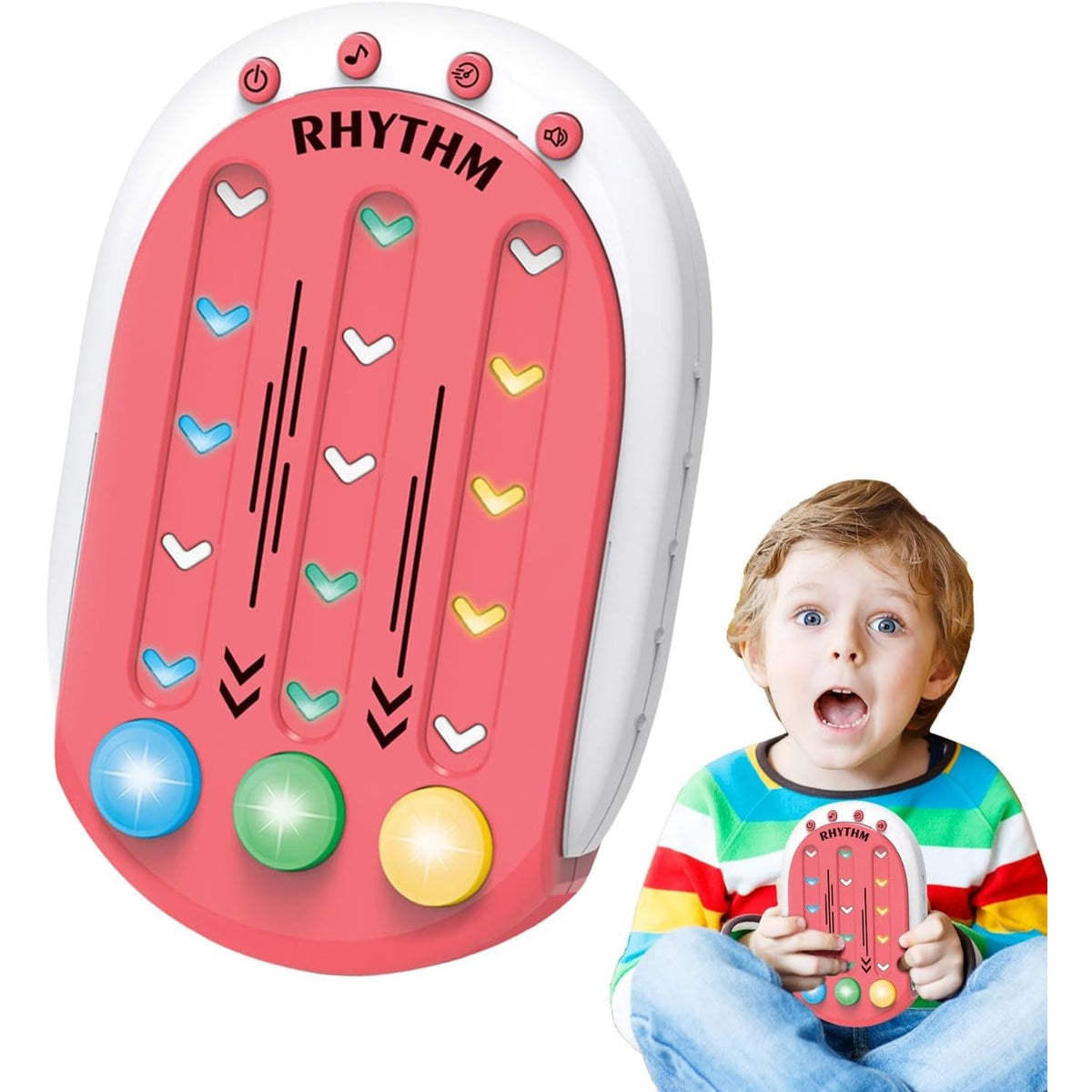 Jucarie Interactiva Tip Jocuri Ritmice, Consola Educativa cu Lumini si Muzica, 8 Niveluri de Dificultate, Plastic ABS, +3 Ani, 9.5 x 2.5 x 13.6 cm, Rosu