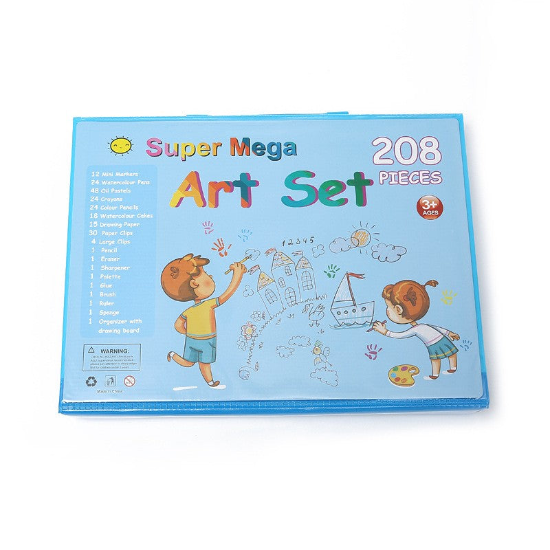 Set Pictura si Desen pentru Copii, 208 Piese cu Carioci, Creioane si Acuarele, Tip Servieta Portabila, Albastru, 3-12 Ani, 32 x 27 x 5 cm