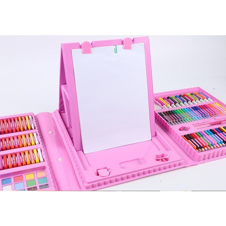 Set Complet Pictura si Desen pentru Copii, Servieta Organizator cu Maner, Carioci, Acuarele si Pasteluri, 208 Piese, Roz