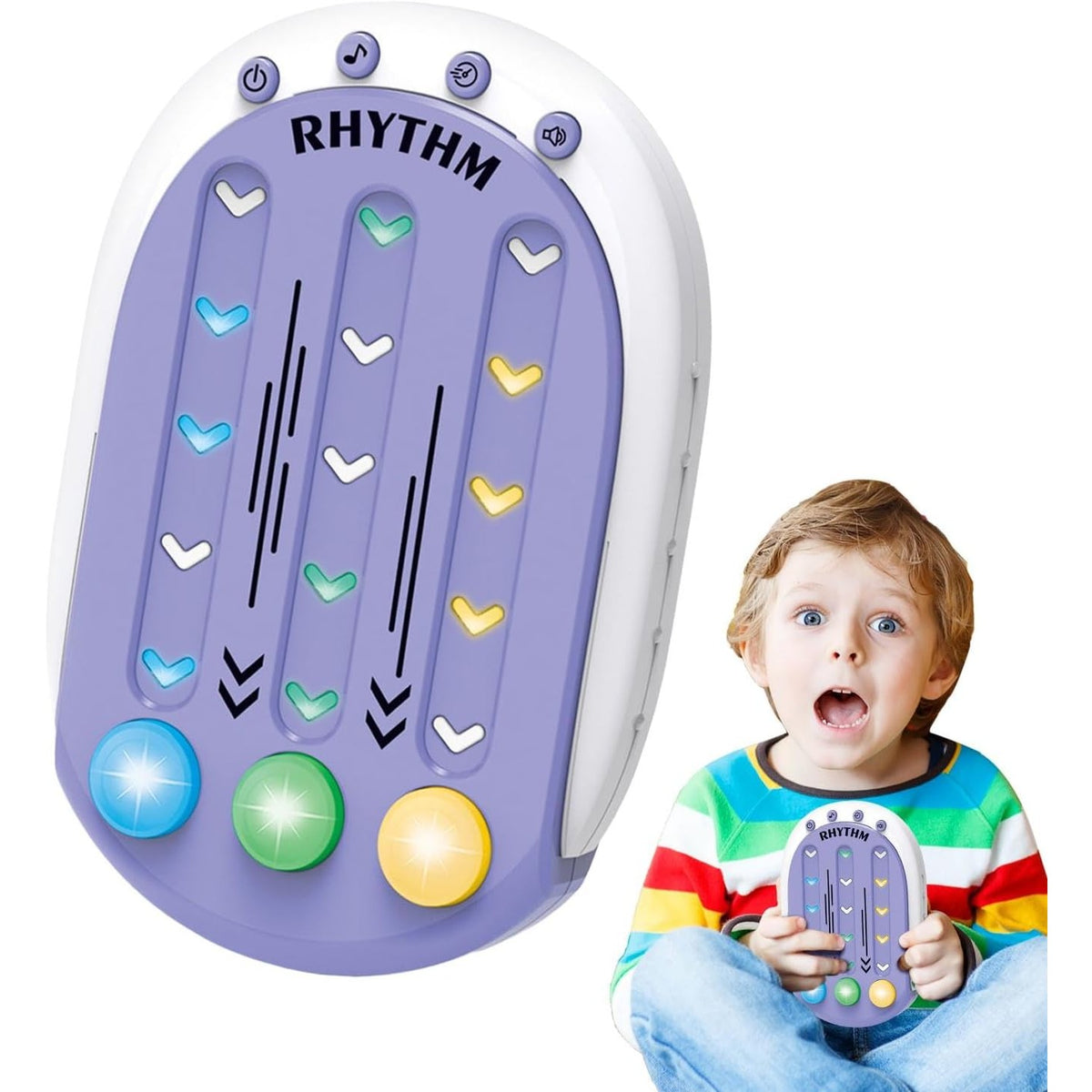 Jucarie Interactiva Tip Jocuri Ritmice, Consola Muzicala cu Lumini si 8 Niveluri de Joc, Plastic ABS Rezistent, 3 Viteze, Mov, +3 Ani