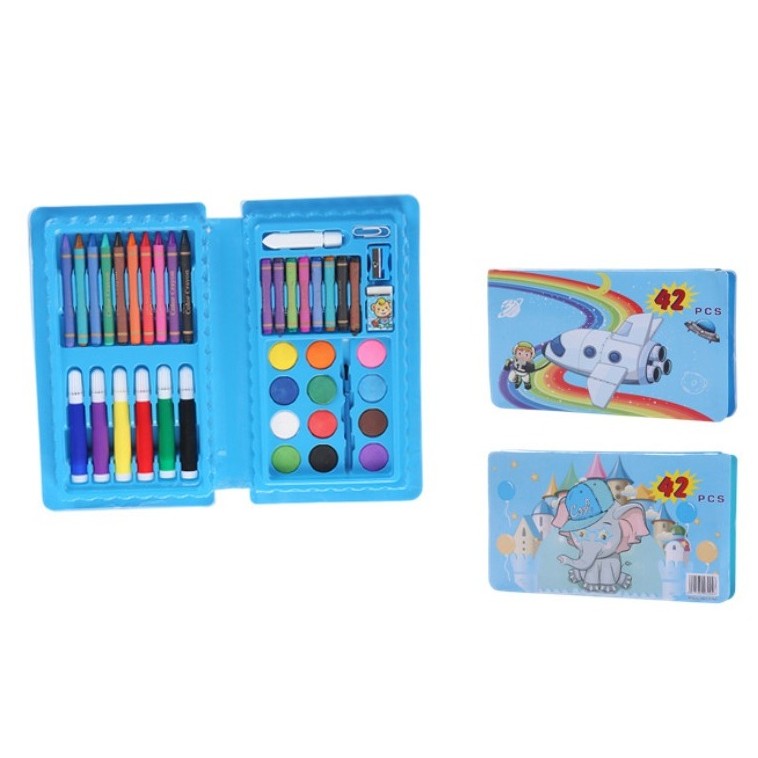 Set de Pictura si Desen pentru Copii, 42 Piese, Tip Penar Portabil cu Accesorii Creative, Model Elefant, PVC, Albastru, 24.3 x 13 x 3 cm