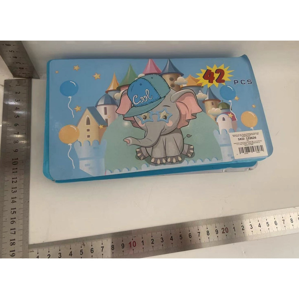 Set de Pictura si Desen pentru Copii, 42 Piese, Tip Penar Portabil cu Accesorii Creative, Model Elefant, PVC, Albastru, 24.3 x 13 x 3 cm