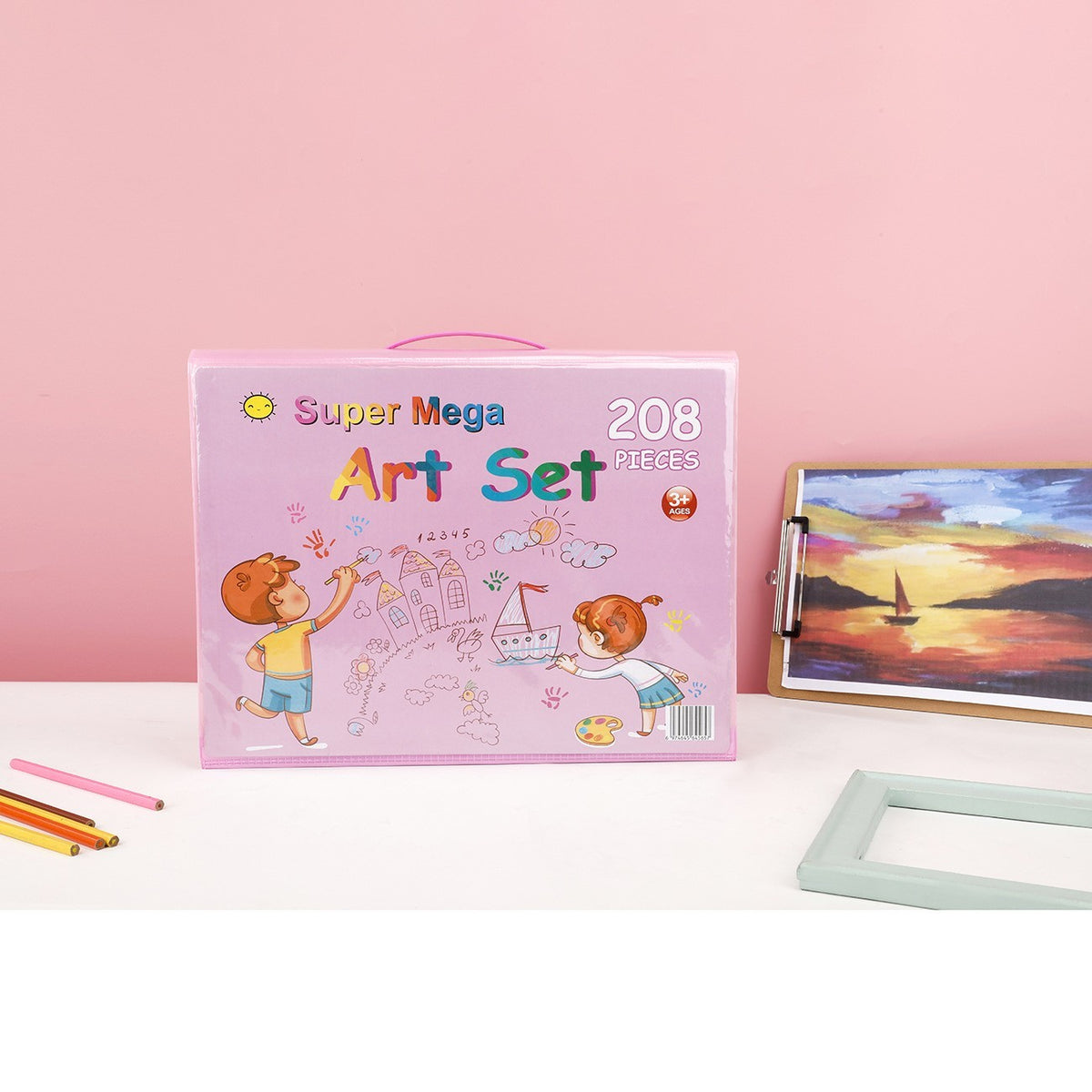 Set Creativ pentru Pictura si Desen, Servieta Organizatoare cu Maner, Plastic si Lemn, 208 Piese, Varsta 3-12 Ani, 40.5 x 5 x 30 cm, Roz