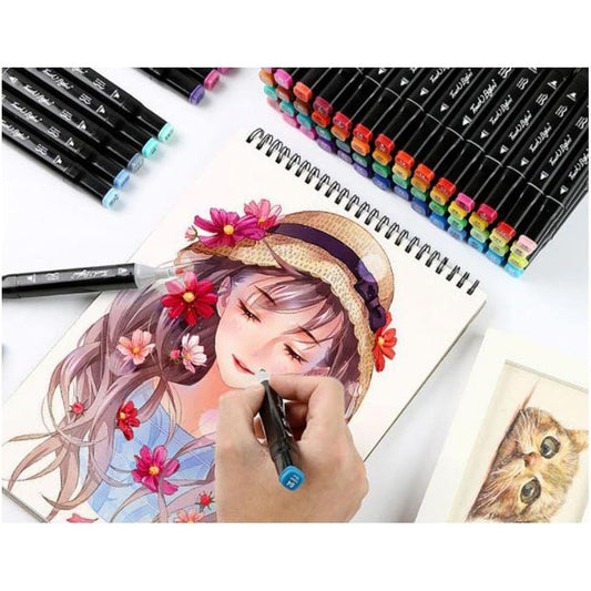 Set Markere Duble Profesionale pe Baza de Alcool, 100 Culori Numerotate, Varf Dublu 1-6 mm, Geanta Depozitare Impermeabila Oxford, Multicolor, Set 100 Bucati