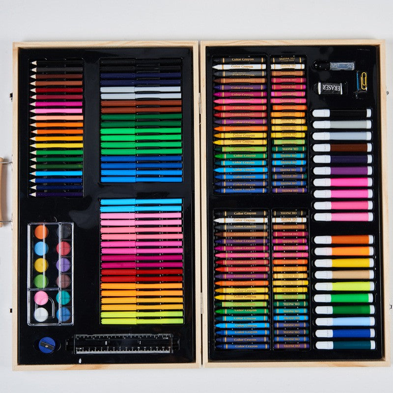 Set Complet pentru Desen si Pictura, 220 Piese cu Carioci si Creioane Colorate, Servienta din Lemn Natur cu Maner, 48 x 30 x 5 cm, Multicolor