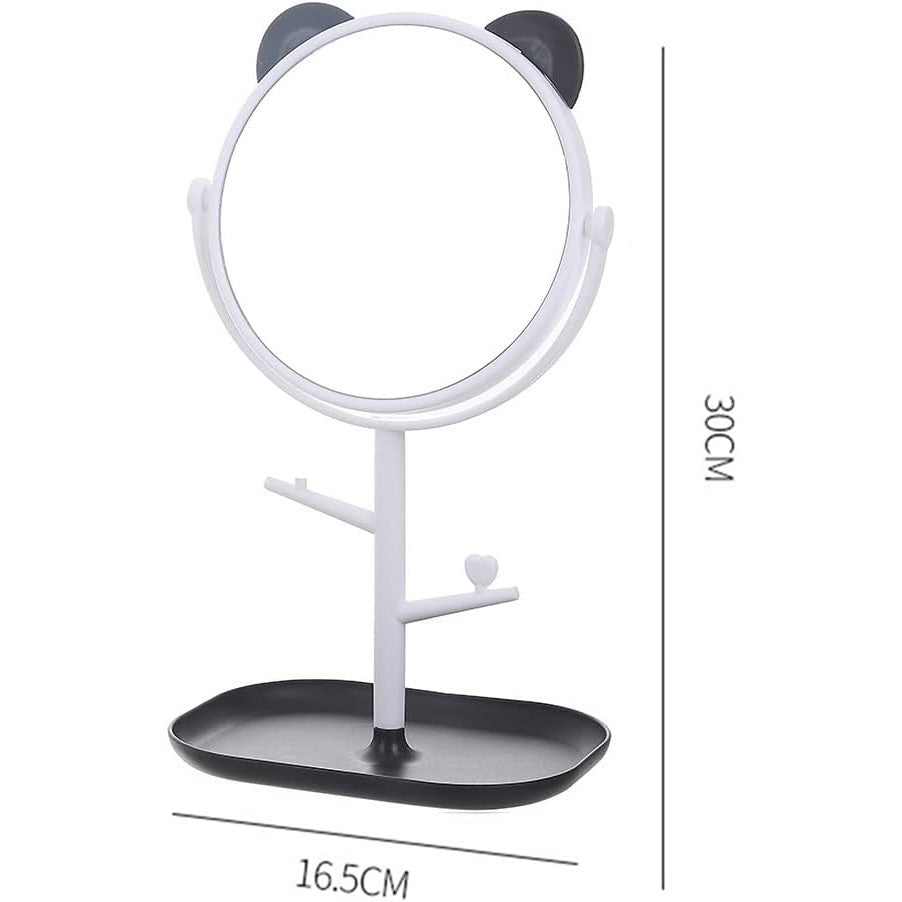 Oglinda Cosmetica cu Picior HD, Rotire 360 Grade, Suport Bijuterii si Accesorii, Plastic PP, Diametru 15 cm, Alb/Negru