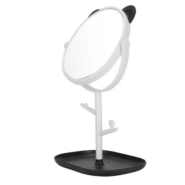 Oglinda Cosmetica cu Picior HD, Rotire 360 Grade, Suport Bijuterii si Accesorii, Plastic PP, Diametru 15 cm, Alb/Negru