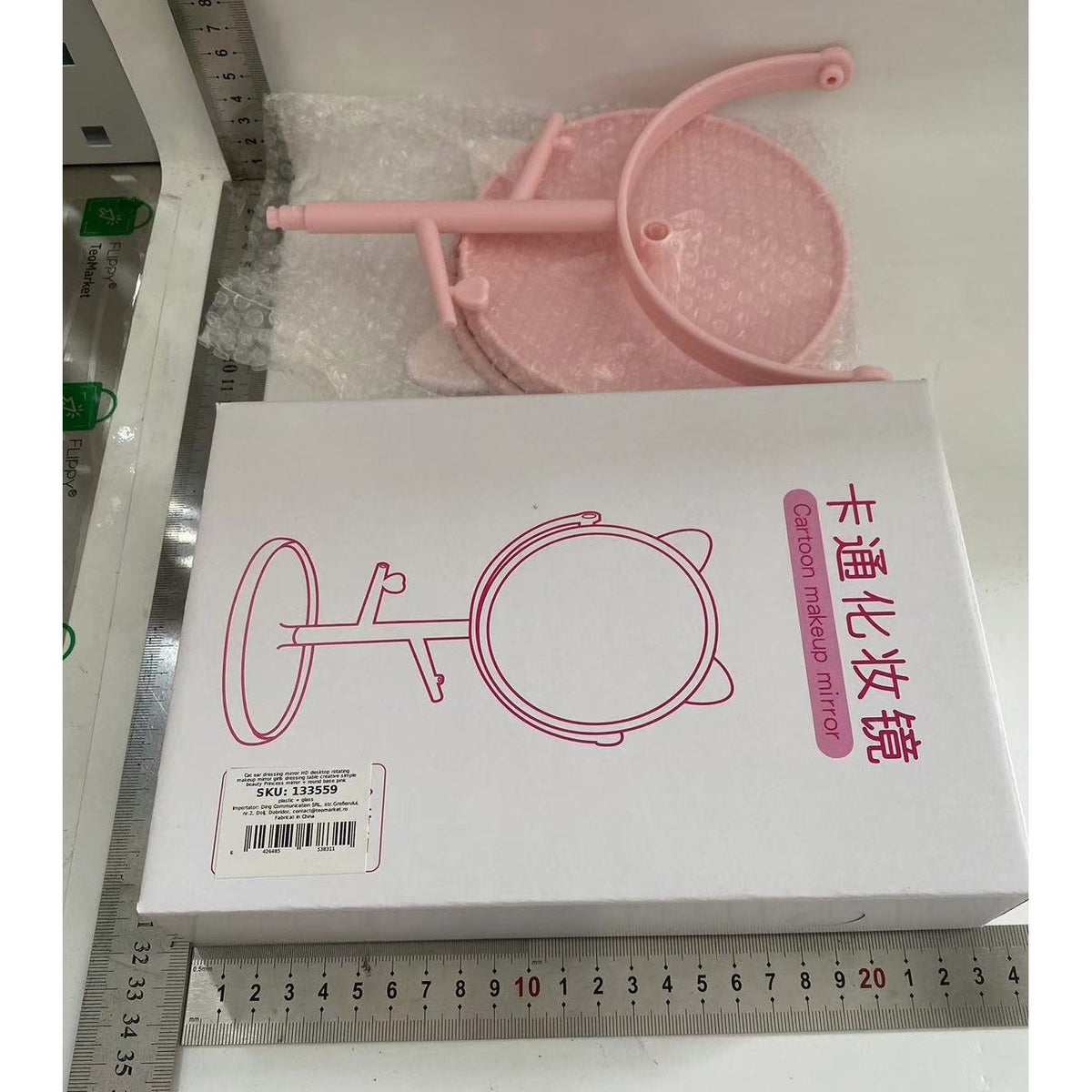 Oglinda Cosmetică HD cu Rotire 360 Grade, Suport Bijuterii și Bază Rotundă, Model cu Urechi, Plastic PP, 31 x 14.5 x 15 cm, Roz/Alb