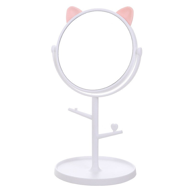Oglinda Cosmetica cu Picior HD, Rotire 360 Grade si Suport Bijuterii, Model cu Urechi, Plastic, 31 x 14.5 x 15 cm, Alb