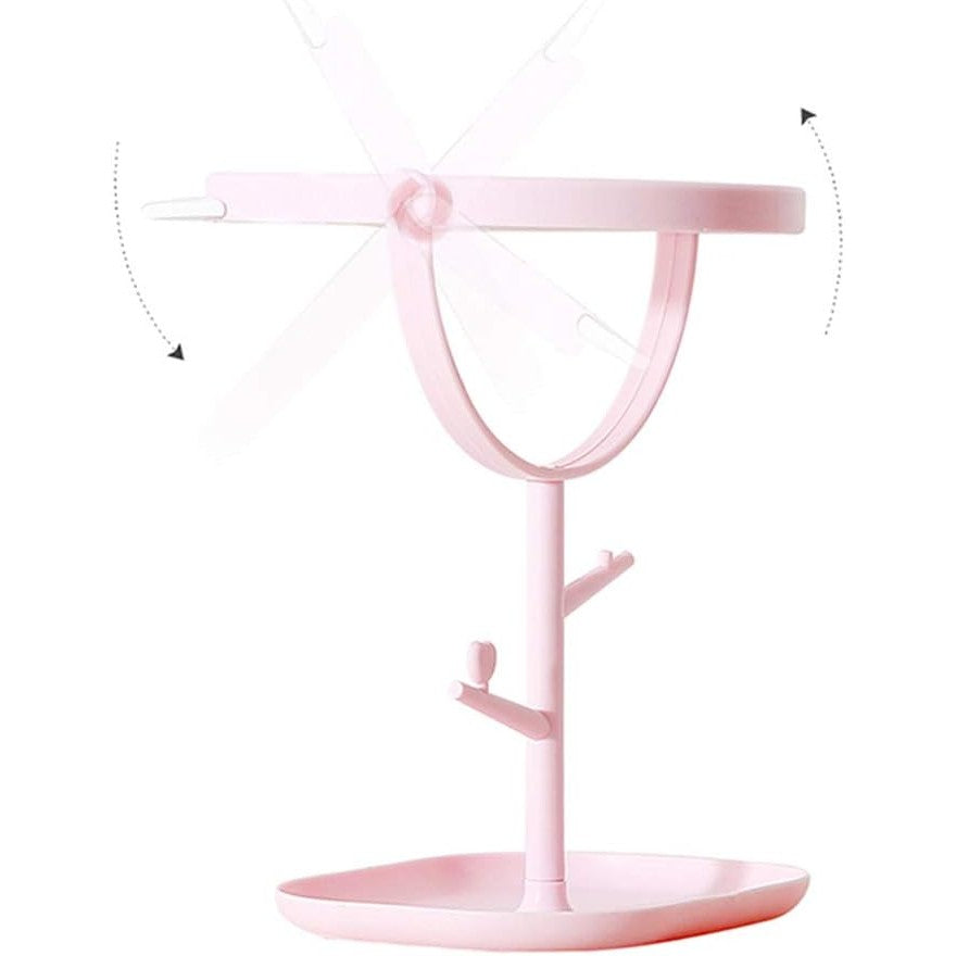 Oglinda Cosmetica cu Picior HD, Rotire 360 Grade, Suport Bijuterii si Accesorii, Model cu Urechi, Plastic PP, 30 x 16.5 x 15 cm, Roz