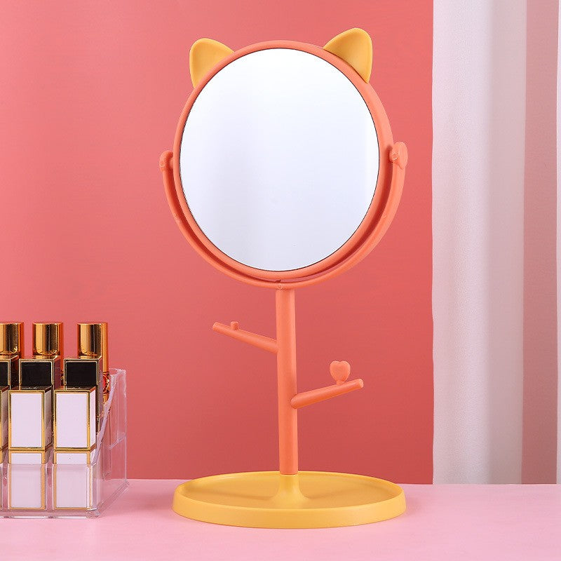 Oglinda Cosmetica cu Picior HD, Rotire 360 Grade si Suport Bijuterii, Model Urechi Ursuleț, Plastic, 31 x 15 cm, Portocaliu/Galben