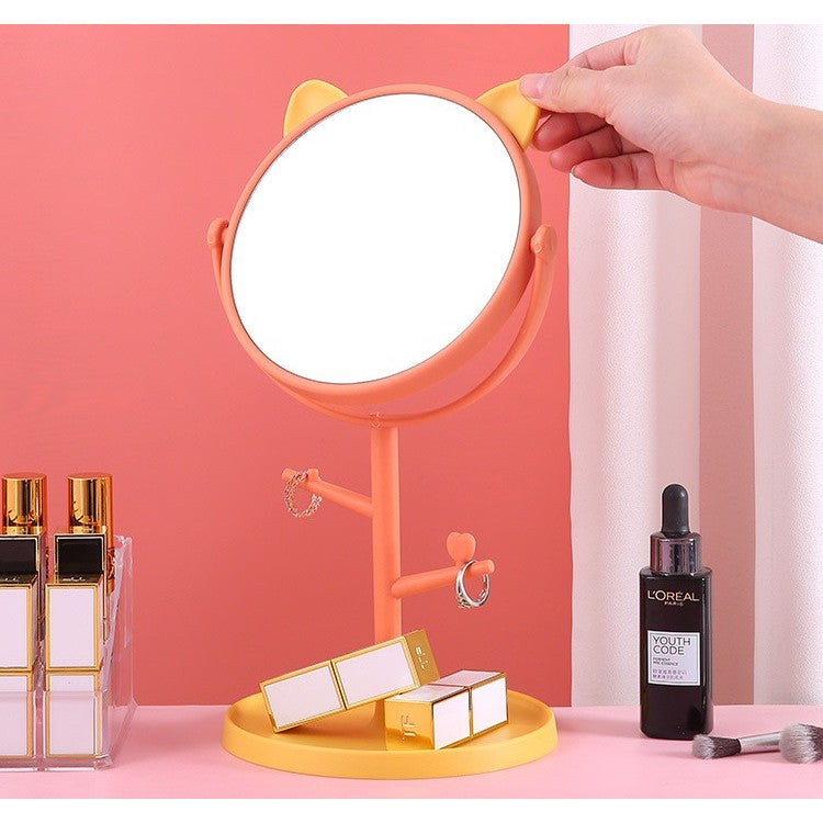 Oglinda Cosmetica cu Picior HD, Rotire 360 Grade si Suport Bijuterii, Model Urechi Ursuleț, Plastic, 31 x 15 cm, Portocaliu/Galben