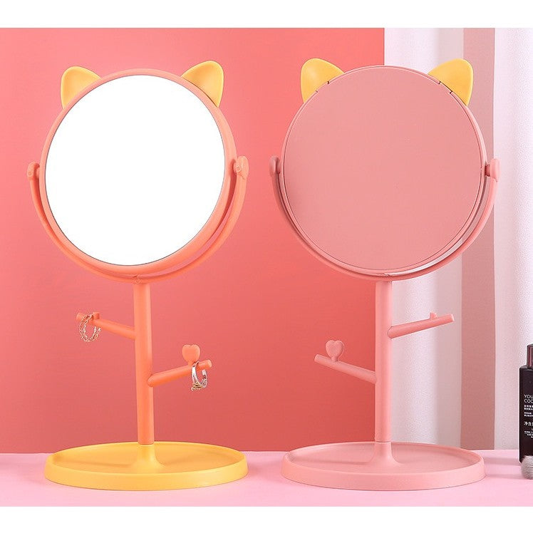 Oglinda Cosmetica cu Picior HD, Rotire 360 Grade si Suport Bijuterii, Model Urechi Ursuleț, Plastic, 31 x 15 cm, Portocaliu/Galben