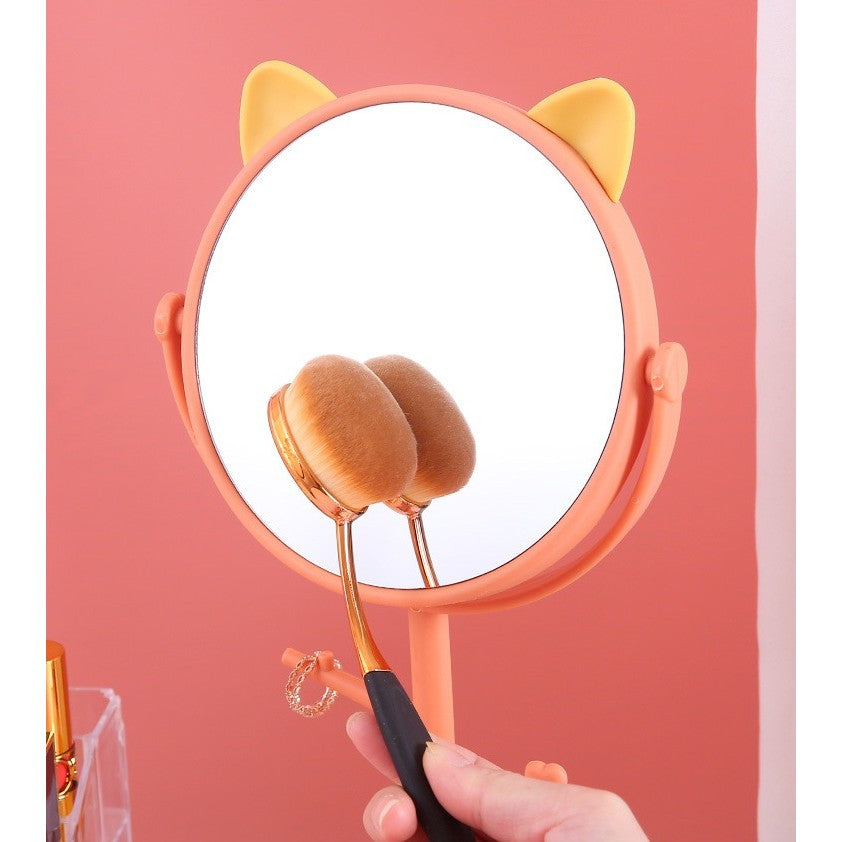 Oglinda Cosmetica cu Picior HD, Rotire 360 Grade si Suport Bijuterii, Model Urechi Ursuleț, Plastic, 31 x 15 cm, Portocaliu/Galben