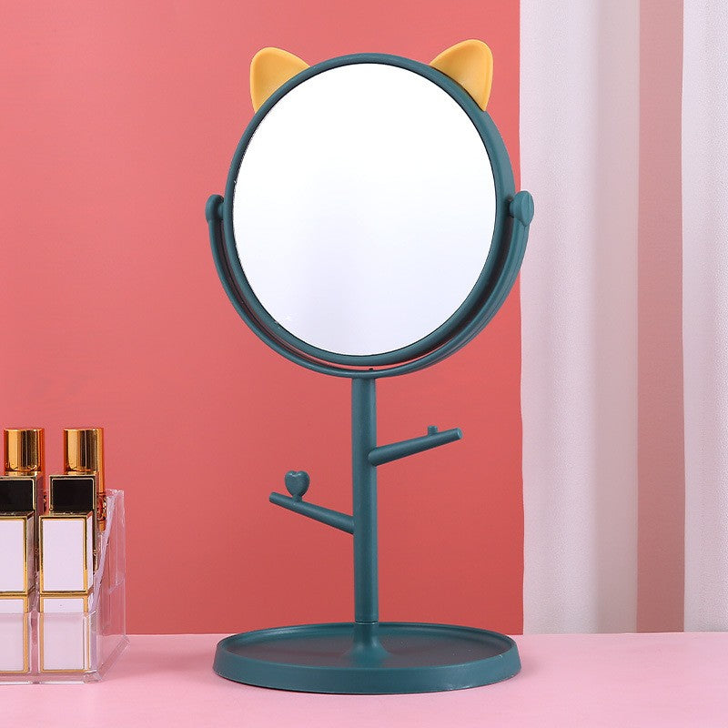 Oglinda Cosmetica HD cu Picior, Rotire 360 Grade si Suport Bijuterii, Model Urechi Ursuleț, Plastic, 31 x 14.5 x 15 cm, Albastru/Galben