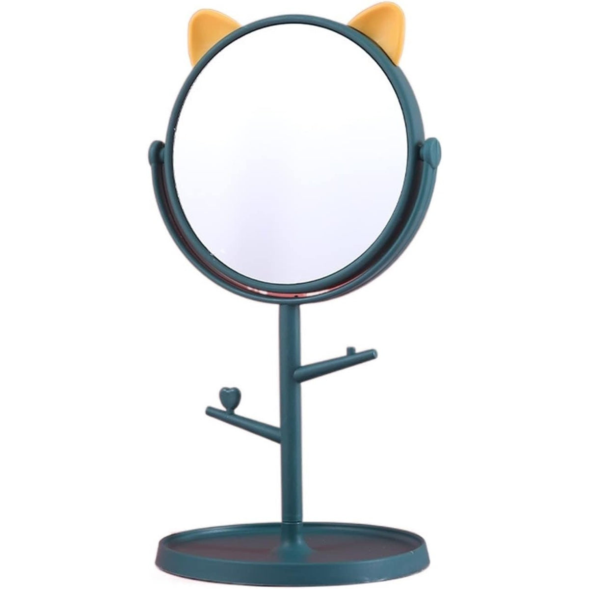 Oglinda Cosmetica HD cu Picior, Rotire 360 Grade si Suport Bijuterii, Model Urechi Ursuleț, Plastic, 31 x 14.5 x 15 cm, Albastru/Galben