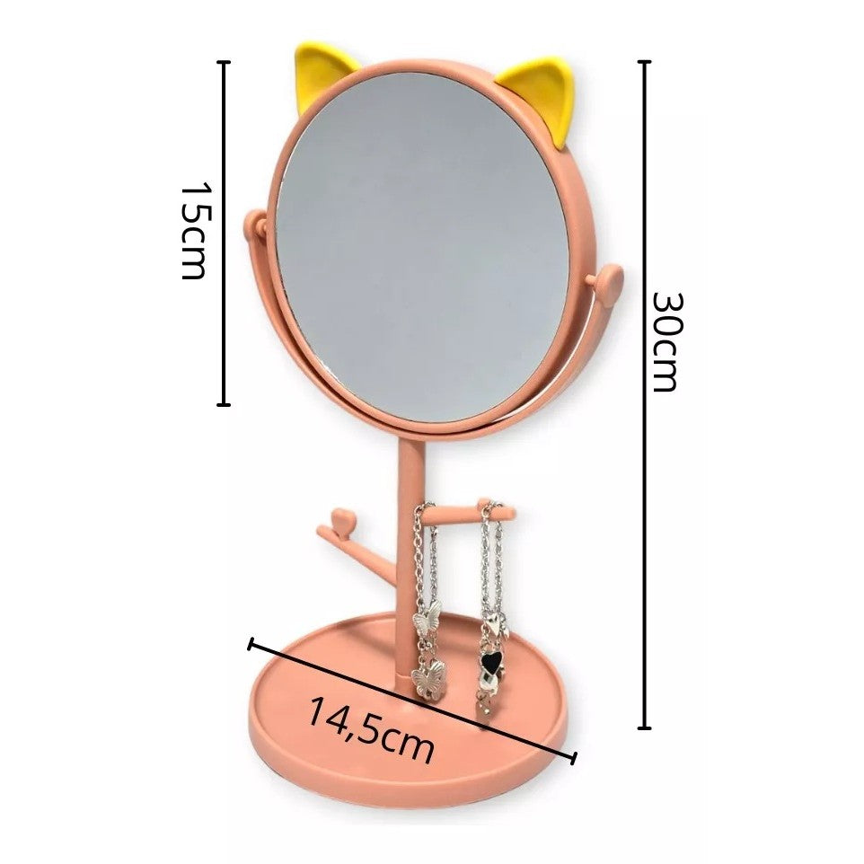 Oglinda Cosmetica cu Picior HD, Rotire 360 Grade si Suport Bijuterii, Model Urechi de Ursuleț, Plastic PP, 31 x 14.5 cm, Diametru 15 cm, Roz/Galben