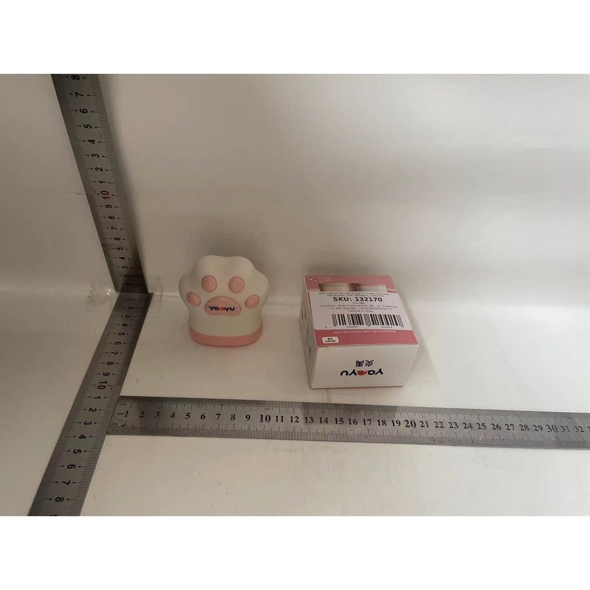 Ruleta Portabila pentru Copii, Mini Banda Metrica Retractabila, Model Labuta de Pisica, Masurare Diametru si Lungime, Plastic, 5.5 x 6.5 cm, Lungime 1.5 m, Roz