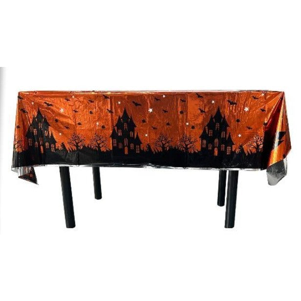 Fata de Masa pentru Halloween, Imprimeu Casa Bantuita, Protectie Impermeabila, Folie Plastifiata PET, 137 x 183 cm, Portocaliu